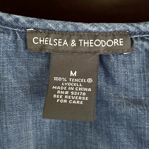 CHELSEA & THEODORE Embroidered Fringe Chambray Boho Tunic Dress Coverup | Sz M - Picture 2 of 13